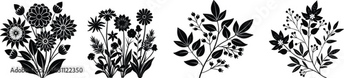 A set of seamless vector illustrations of grass and flowers swaying in the wind, with a separate grass silhouette element isolated on a white background