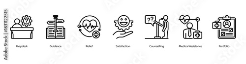 Customer Support web banner icon vector illustration featuring Helpdesk, Guidance, Relief, Satisfaction, Counselling, Medical Assistance, and Portfolio.