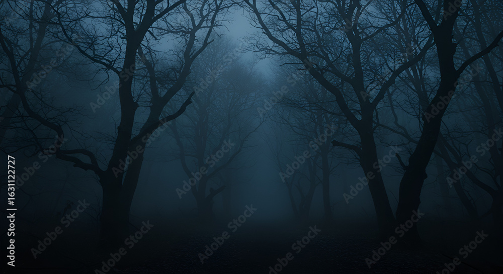 Obraz premium Eerie atmosphere in a dense forest with fog, creating a spooky ambiance