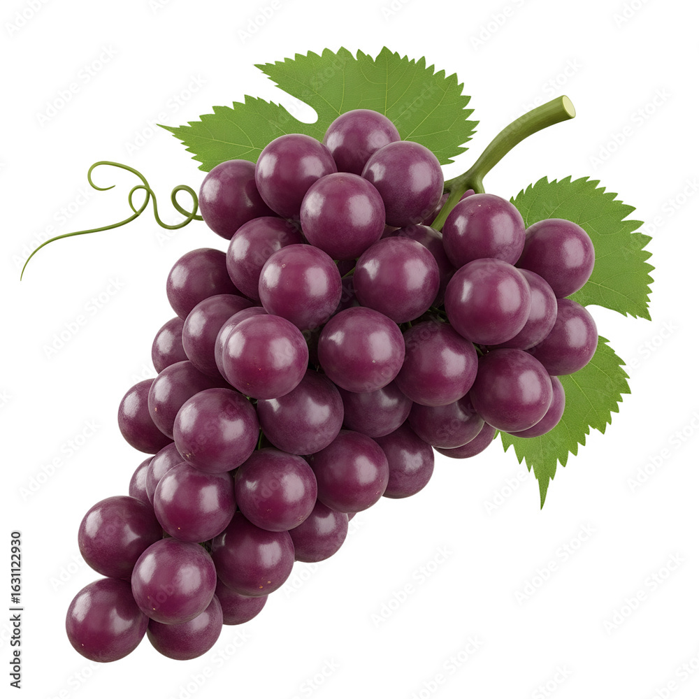 Fototapeta premium A Bunch of Red Grapes with Green Leaves Against a Black Background Displaying a Healthy and Delicious Fruit