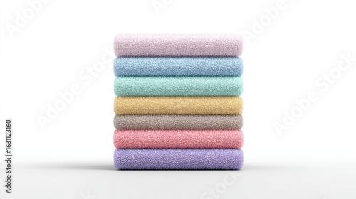A stack of rolled towels in pastel colors against a white background