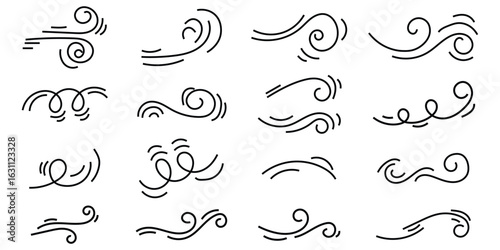 Doodle wind line sketch set. Hand drawn doodle wind motion, air blow, swirl elements. Wind blow line icon. 