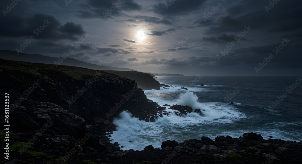 Fototapeta premium Dramatic coastal scenery with crashing waves under a moody sky at dusk with moon light