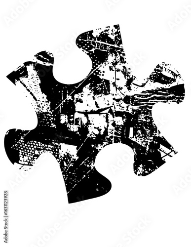 Vector Distressed puzzle piece with a textured monochrome .