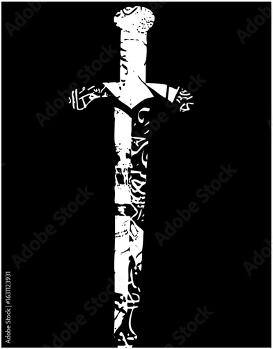 Vector Elegant sword with ornate hilt and blade details.