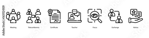 Work Meeting web banner icon vector illustration featuring Meeting, Teleconference, Certificate, Teacher, Focus, Exchange, and Advice.