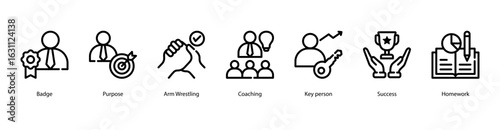 Success Plan web banner icon vector illustration featuring Badge, Purpose, Arm Wrestling, Coaching, Key Person, Success, and Homework.