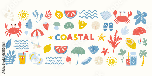 Whimsical coastal collection featuring crabs umbrellas fruits and beach elements