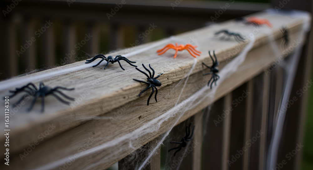 Fototapeta premium Halloween decoration featuring plastic spiders and artificial cobwebs on railing