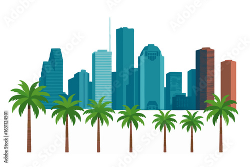 Vector illustration of a vibrant city skyline with palm trees in a stylized, modern graphic design.