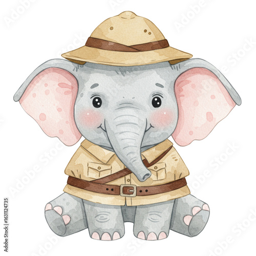 Cute cartoon elephant wearing safari outfit and hat with playful expression