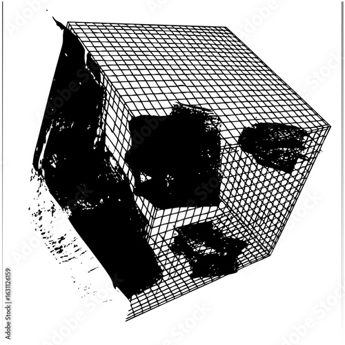 Vector Abstract cube with fragmented dark shapes inside a wireframe structure.