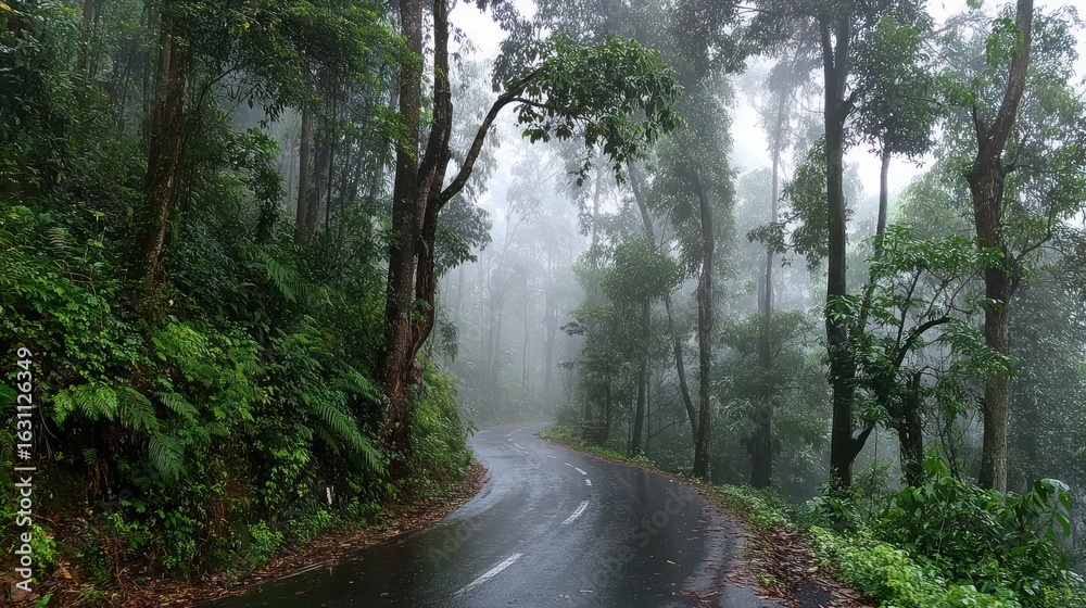 Obraz premium Misty Mountain Road in Lush Green Forest