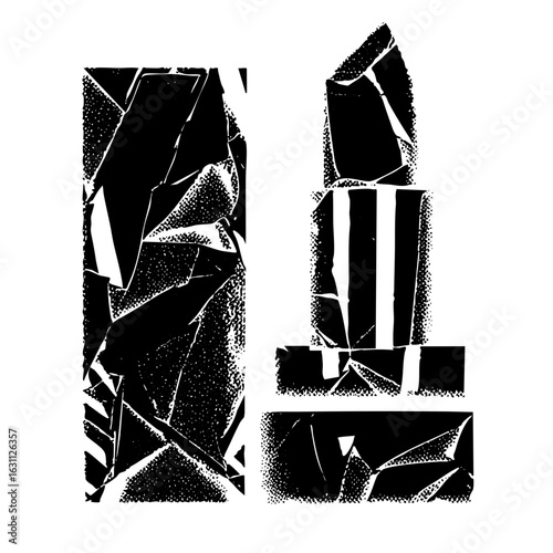 Vector Abstract fractured shapes depict a stylized building and figure.