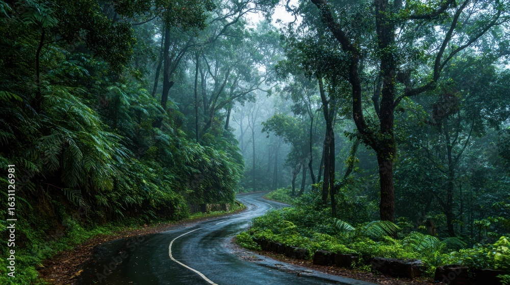 Obraz premium Mystical Forest Road: A Serene Journey Through Lush Greenery