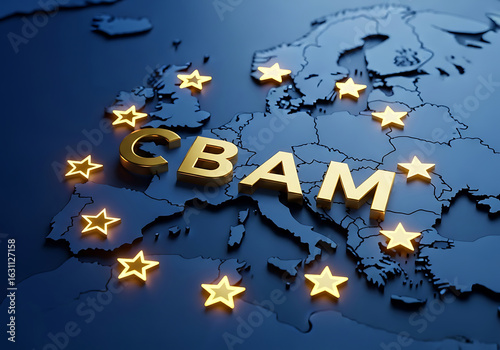 Cbam initials overlaid on european map with glowing stars depicting european union