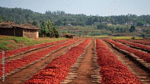 Red Chili Peppers Drying in Rural Landscape