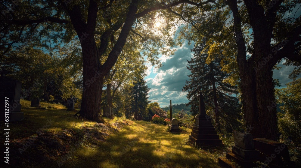 Naklejka premium Sunlit Cemetery Tranquility: A Serene Hillside Burial Ground