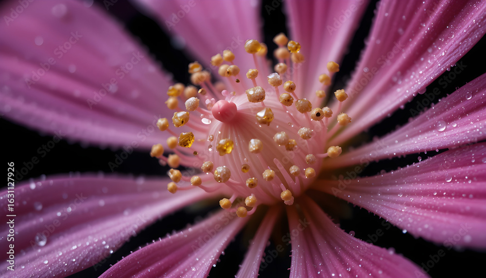 Obraz premium Close-Up of a Pink Flower Stamen with Dew Drops Surrounded by Delicate Petals on Dark