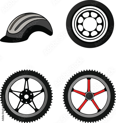 Collection of bicycle parts and accessories isolated on white background