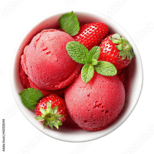 Strawberry sorbet in white bowl, topped with mint