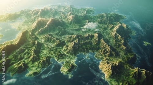 High-angle, detailed view of mountainous terrain, likely an island archipelago, with lush green vegetation and subtle water features.  Sunlit peaks and valleys