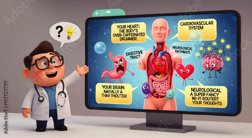 A cheerful cartoon doctor presents a fun, animated lesson on the human body's major systems.