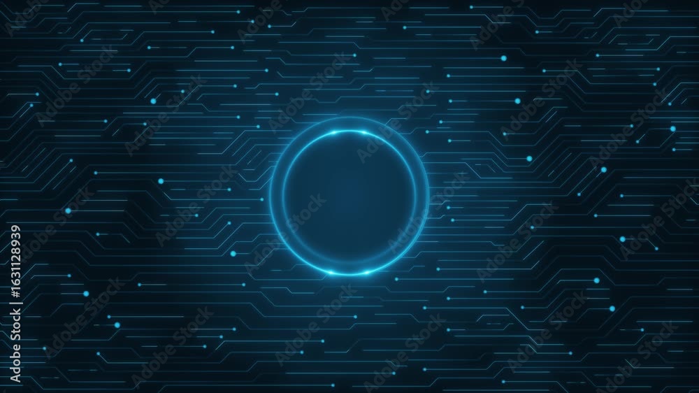Digital animation glowing HUD interface symmetrical blue circuit lines, technology, data flow, artificial intelligence. for visuals of futuristic computing, neural networks, tech interface systems.