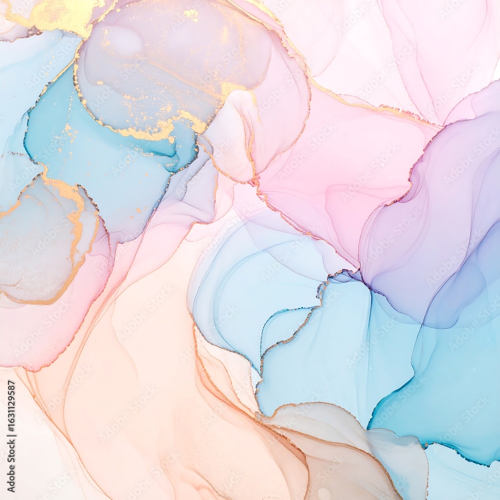 Fototapeta premium Pastel-colored abstract art with flowing, translucent shapes and gold accents
