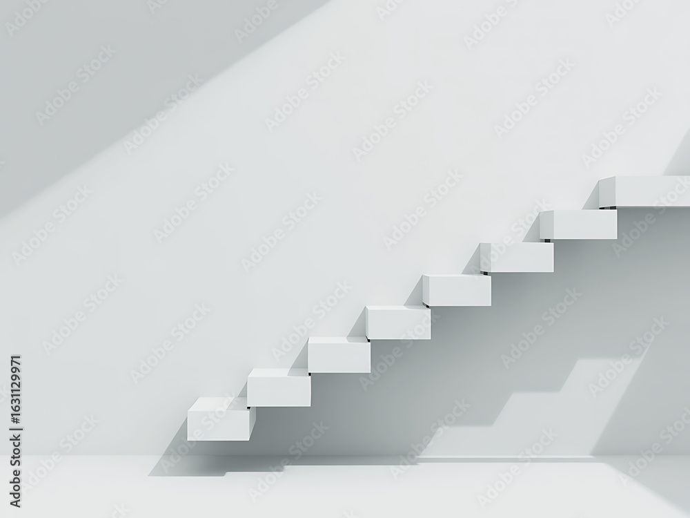 Obraz premium Minimalist white staircase ascending with dramatic shadows and light