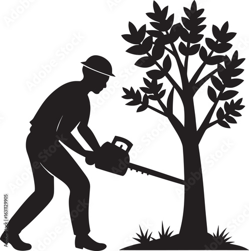 Professional arborist cutting down a tree with a chainsaw tool