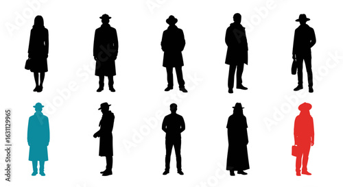 Silhouetted figures in hats and coats stand against a clean backdrop