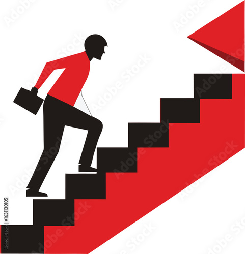 Man climbing red arrow stairs symbolizing success and ambition