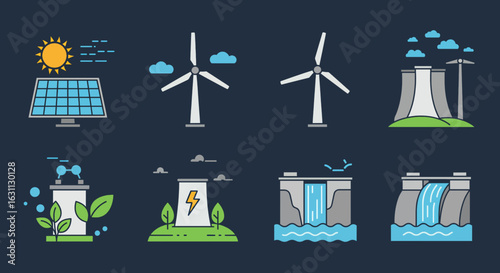 Renewable energy sources icons set for modern design