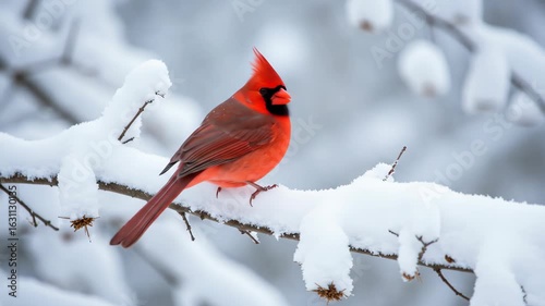 Vibrant red cardinal perched on a snow-covered branch in winter.