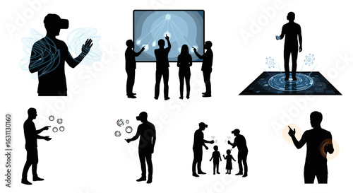 Silhouetted figures interacting with virtual reality, augmented reality, and holographic technology