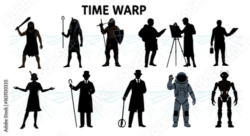 Time Warp: Silhouettes representing historical eras and future possibilities