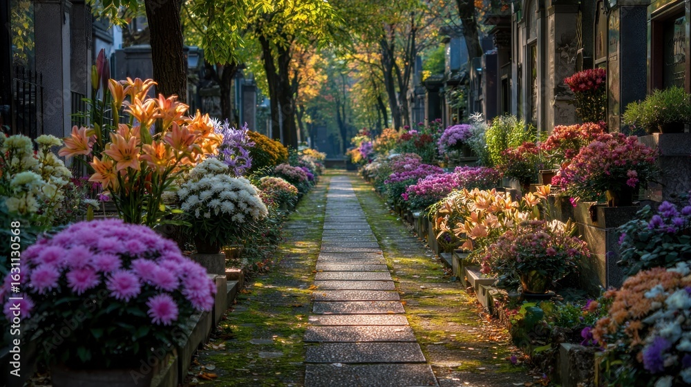 Fototapeta premium Autumnal Serenity: A Pathway Through Remembrance