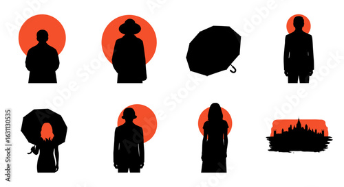 Silhouette figures and elements against warm sun circles in minimalist design