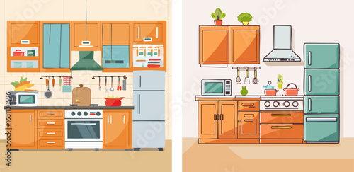 Two Modern Kitchen Designs Orange Cabinets Appliances.