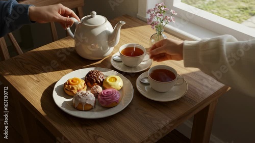 Wallpaper Mural Cozy tea time with pastries and flowers by the window, warm sunlight. Torontodigital.ca