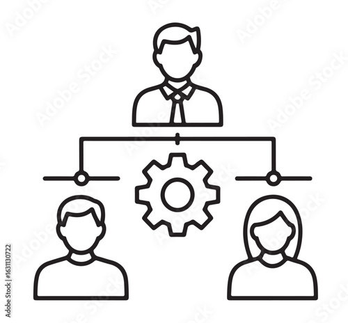 A hierarchical diagram showing a manager connected to a gear and two subordinates in outline style