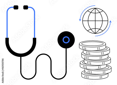 Stethoscope connected to coins and a globe with arrows. Ideal for health finance, global healthcare, medical cost, economic policy, funding, insurance, simple flat metaphor