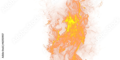 A bright orange and yellow flame with black background on the left side of the composition showing fire