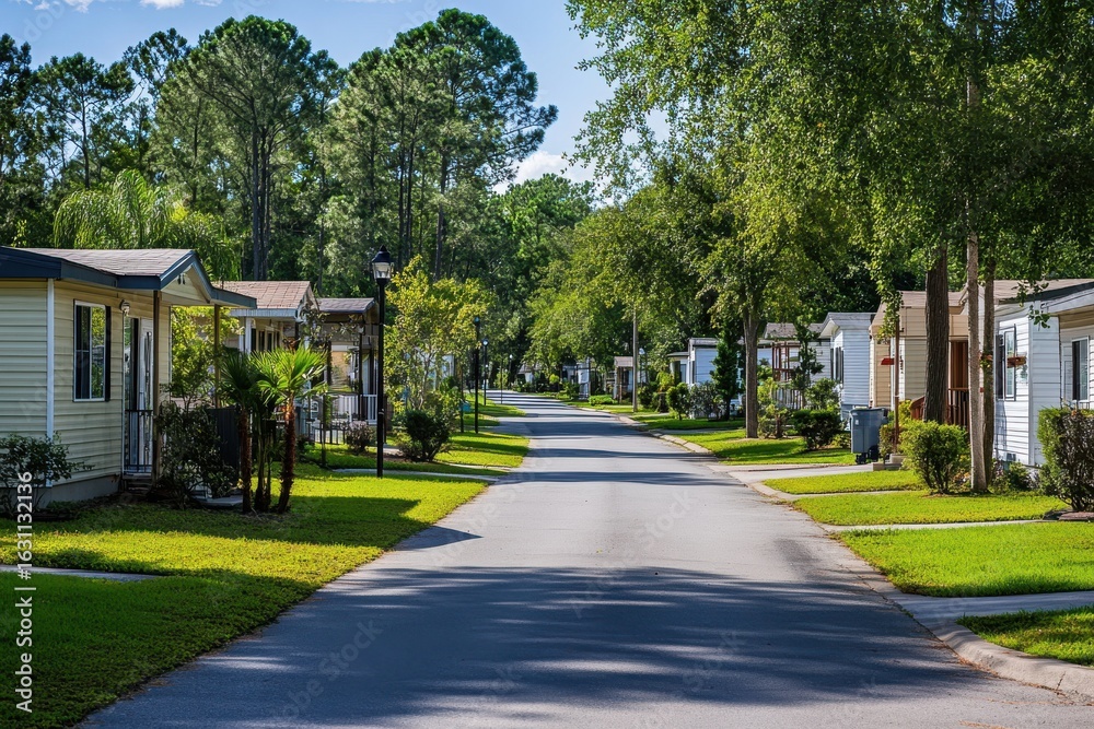 custom made wallpaper toronto digitalSerene Mobile Home Community Street View with Lush Greenery and Clear Blue Sky Creates a Tranquil Scene