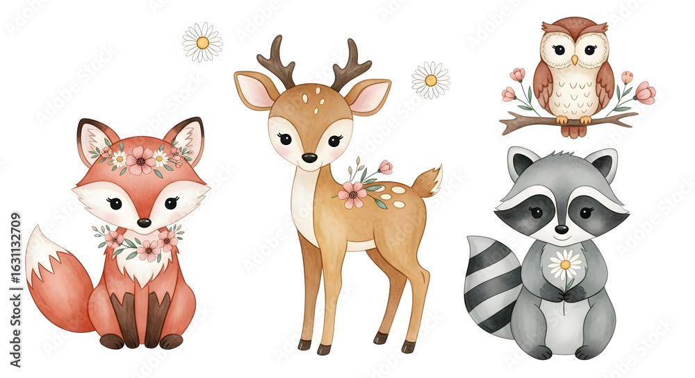 Obraz premium Watercolor set of forest cartoon isolated cute baby fox, deer, raccoon and owl animal with flowers. Nursery woodland illustration. Bohemian boho drawing for nursery poster, pattern