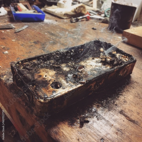 Wallpaper Mural Burnt mobile phone remains workshop setting image unkempt environment close-up technological loss Torontodigital.ca