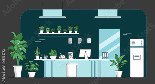 Modern office workspace with plants and desk setup