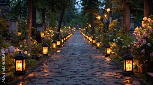 Enchanted Cemetery Path: A Twilight Stroll