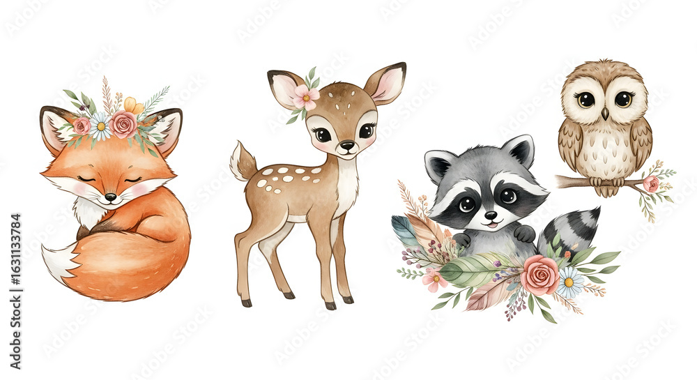 Obraz premium Watercolor set of forest cartoon isolated cute baby fox, deer, raccoon and owl animal with flowers. Nursery woodland illustration. Bohemian boho drawing for nursery poster, pattern
